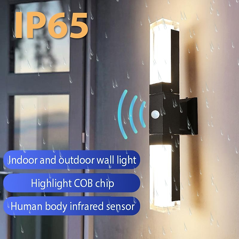 LED  Wall Sconce Outdoor Black Metal Up Down Light Fixture IP65 Waterproof Aluminum Sensor Wall Lantern for Porch Patio Garden 85-265V