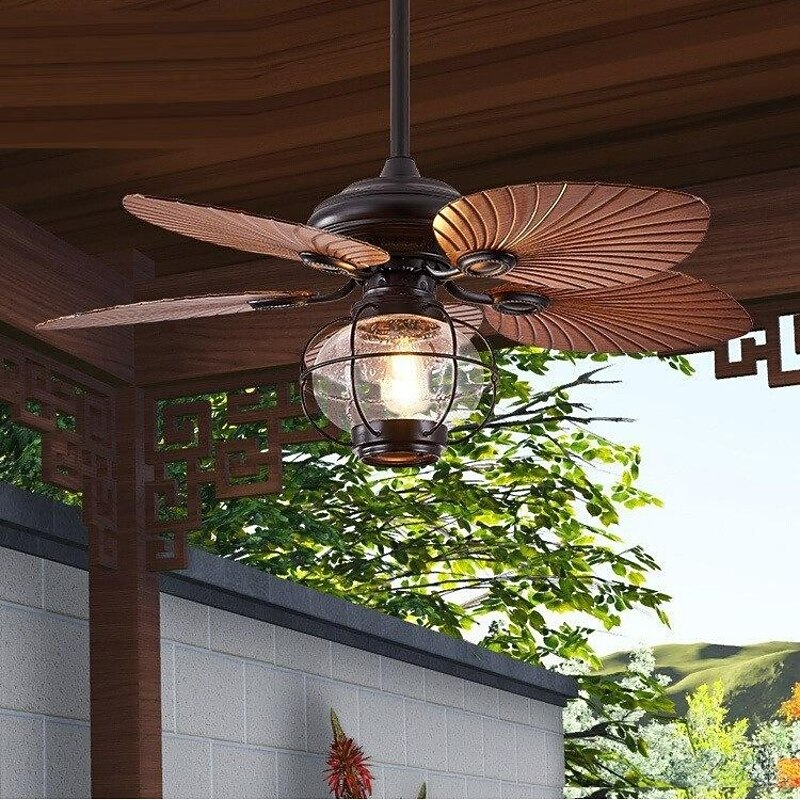 42/52-Inch Tropical Ceiling Fan Outdoor Indoor Waterproof, 3-Speed Quiet Industrial Leaf Ceiling Fan Chandelier with Remote Control 6 Reversible Palm Leaf Blades Wire-cage Lampshade 220-240V4