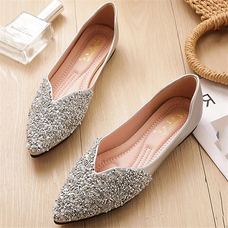 Women's Pointed Toe Rhinestone Flats – Elegant Glitter Slip-On Shoes for Wedding, Party, and Evening Wear