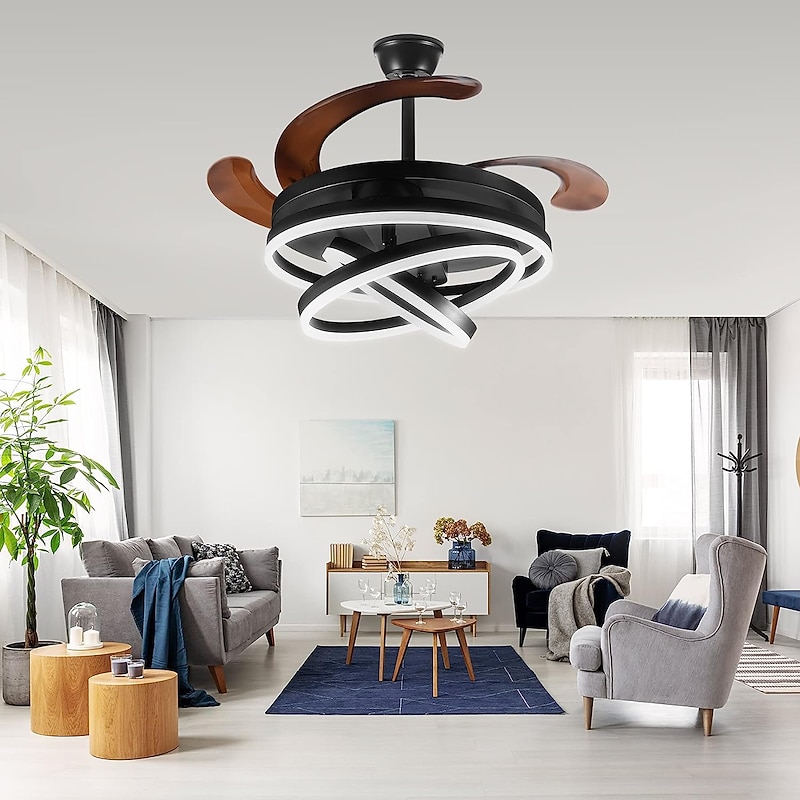 42'' Retractable Ceiling Fans with Lights and Remote,Modern LED Semi Flush Fan Light,Retractable Geometric Ceiling Fan 3 Color 6 Speed Smart Pendant Light for Indoor Bedroom,Dining Room etc3