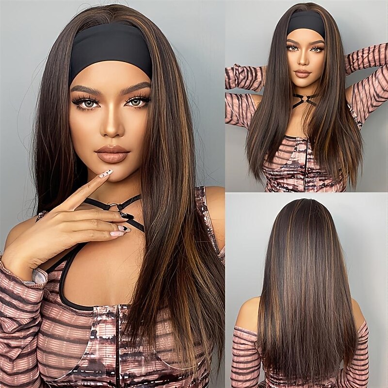 22 Inch Synthetic Headband Wig with Long, Straight Highlights - Transform Your Look Instantly!