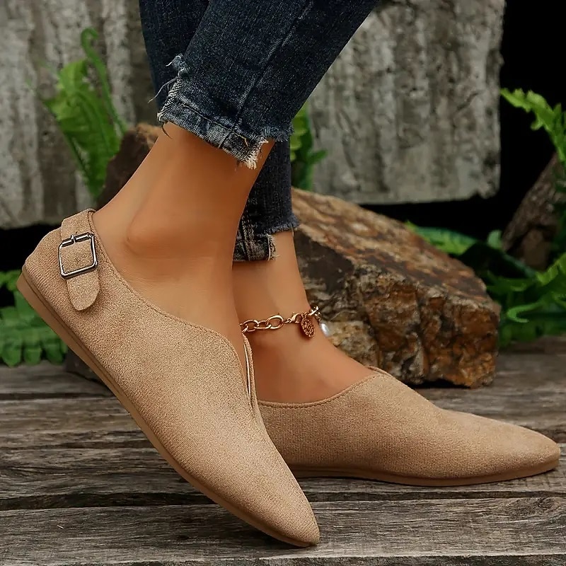Women's Beige Suede Pointed-Toe Flats with Buckle Strap - Casual Slip-On Shoes for Everyday Wear3