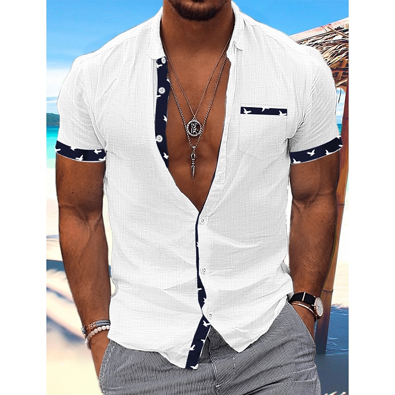 Men's Shirt Linen Shirt Summer Shirt Beach Wear Casual Shirt Button Up Shirt Color Block Vacation Curise White Blue Green Khaki Short Sleeve Turndown Summer Clothing Apparel Patchwork