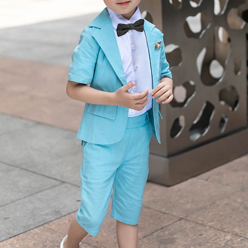 3 Pieces Kids Boys Suit & Blazer Shirt & Shorts Outfit Solid Color Short Sleeve Cotton Set Casual Fashion Cool Summer Spring 7-13 Years Black White Blue3