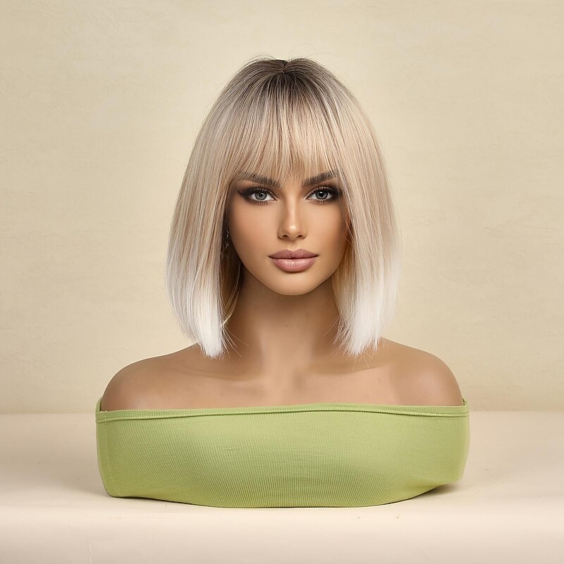 Short Bob Blonde Wig With Bangs, Ombre Dark Root Blonde Wigs For Women