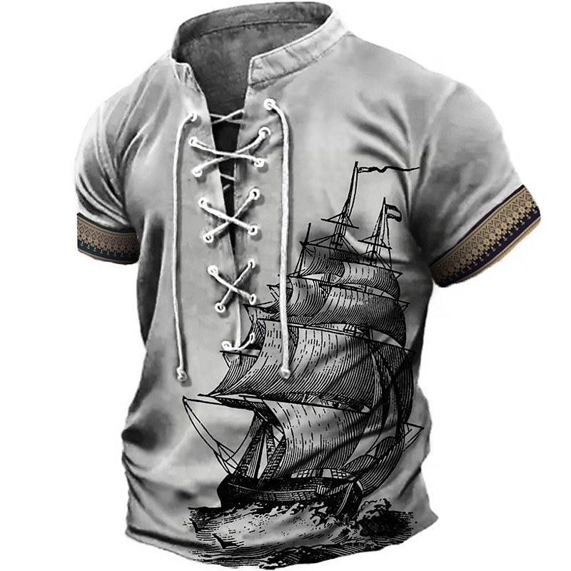 Men's T Shirt Graphic Ship Stand Collar Clothing Apparel 3D Print Daily Sports Going out Short Sleeve Lace up Print Polyester Vintage Fashion Designer4