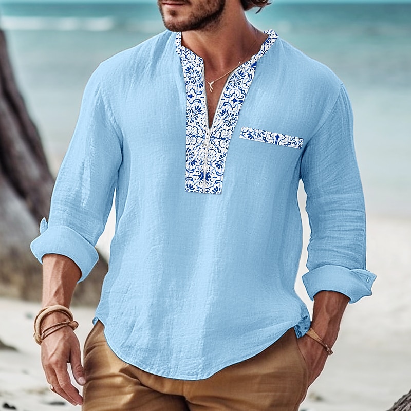 Men's Shirt Casual Shirt Summer Shirt Beach Shirt White Pink Navy Blue Blue Gray Long Sleeve Patchwork Half Zip Daily Vacation Front Pocket Clothing Apparel Fashion Casual Comfortable3