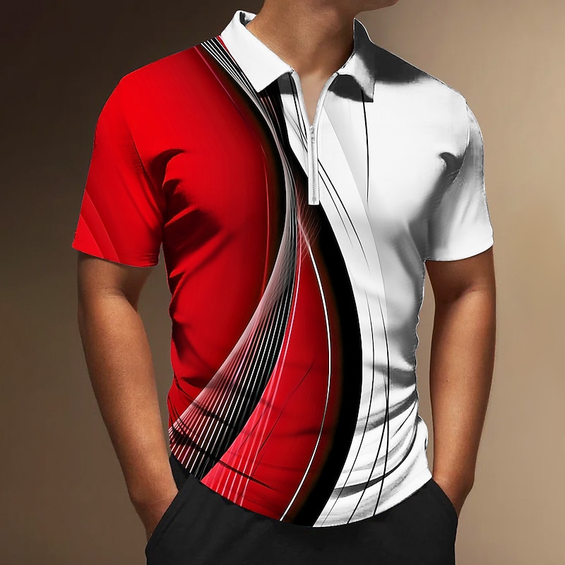 Men's Geometric Zip Polo Shirts Golf Shirt Short Sleeve Polo Shirts Collared Shirts Business Casual Vacation Wear Formal Wear Festival Wear 3D Print Quarter Zip Polo Black Yellow Red3