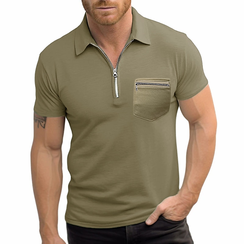 Men's Zip Polo Golf Shirt Outdoor Sports Lapel Quarter Zip Short Sleeve Fashion Modern Plain Zipper Pocket Summer Regular Fit Black Navy Blue Military Green Gray Zip Polo