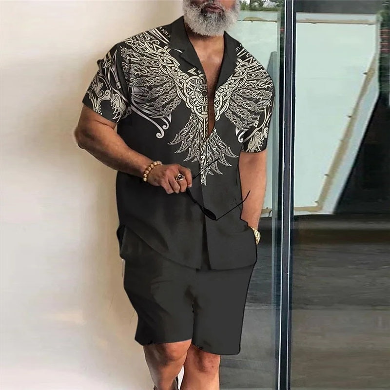 Men's Totem 2pcs Shirts Sets Summer Hawaiian Shirt Short Sleeve Short Pants Cuban Collar Fashion Streetwear Designer Outdoor Street Daily Print Summer Spring Black Yellow Gold