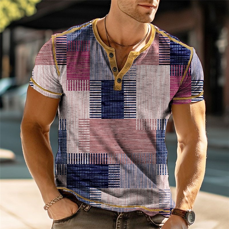 Men's Graphic Plaid Color Block Henley Shirt Short Sleeve 3D Print Fashion Designer Comfortable Outdoor Daily Summer Purple Khaki Henley Henley T-Shirt2