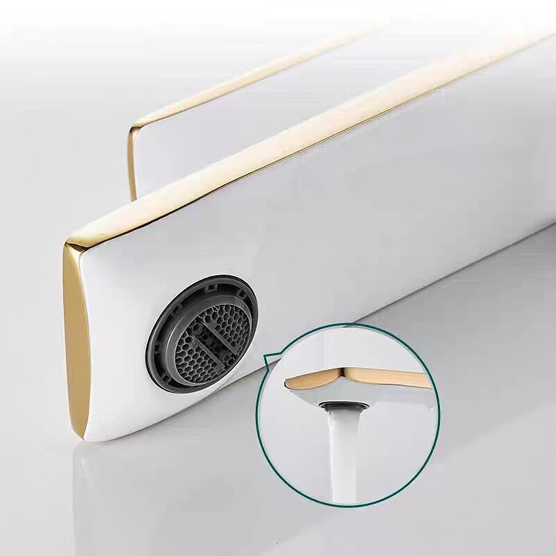 Bathroom Faucet Sink Mixer Basin Taps Deck Mounted, Monobloc Single Handle Cermaic Valve Washroom Taps with Cold and Hot Hose Black Golden White Chrome3