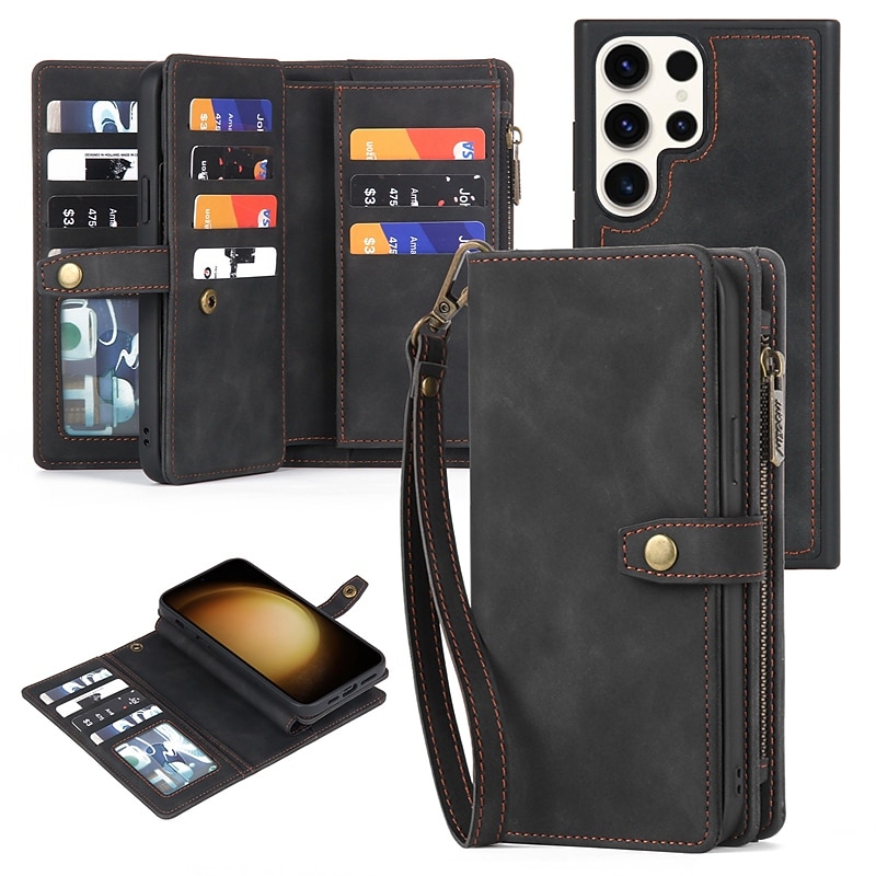 Phone Case For Samsung Galaxy S23 Ultra Plus S22 Plus  Ultra S21 FE A14 A54 A73 A32 A42 A22 Wallet Case Detachable Zipper with Wrist Strap Solid Colored TPU PU Leather