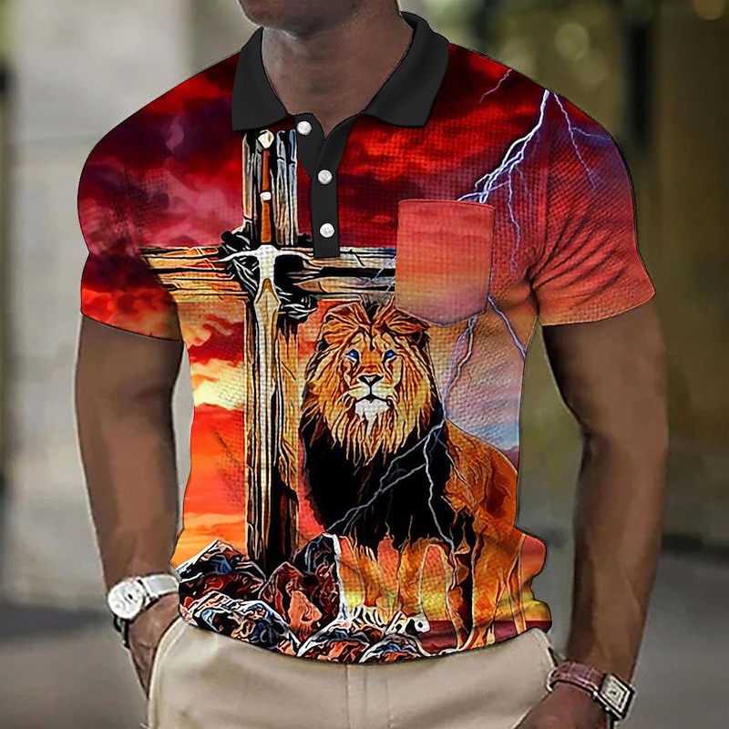 Men's Lion Graphic Prints Cross Waffle Polo Shirts Polo Shirts Lapel Polo Button Up Polos Golf Shirt Short Sleeve Shirt Turndown Outdoor Street Light Yellow Black Yellow Red Blue Print Clothing