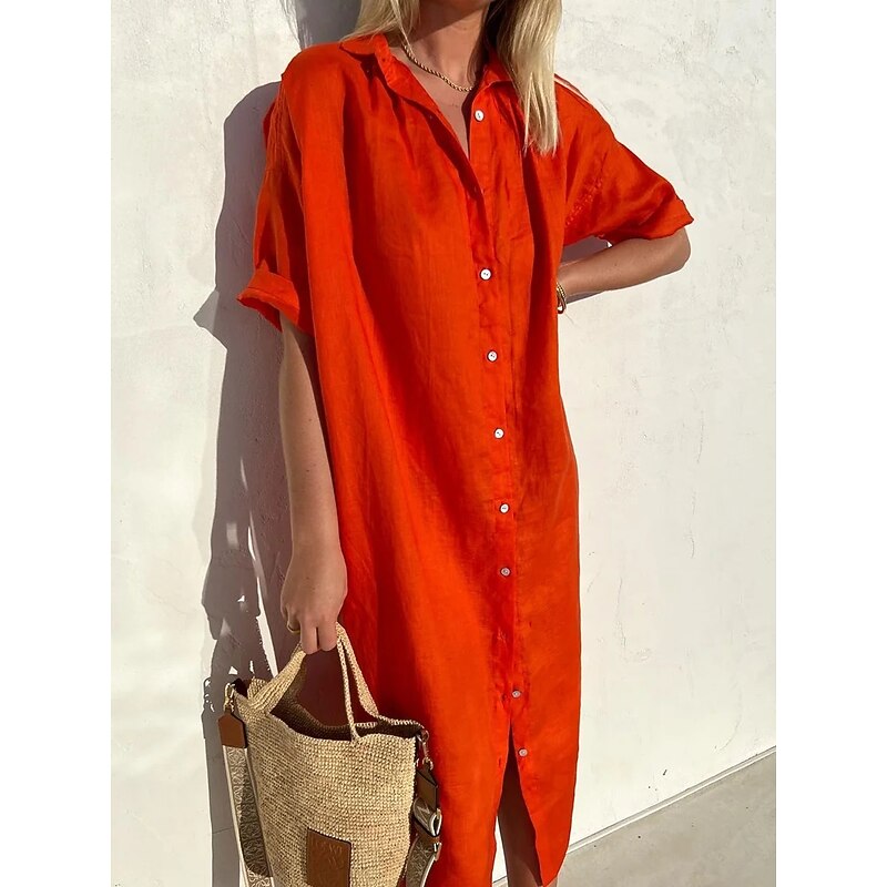 Women's Midi Dress Linen-Inspired Dresses Shirt Dress Casual Dress Cotton Linen Dress Casual Daily Loose Fit Plain Short Sleeve Shirt Collar ArmyGreen Black Red Blue Summer Spring Fall4