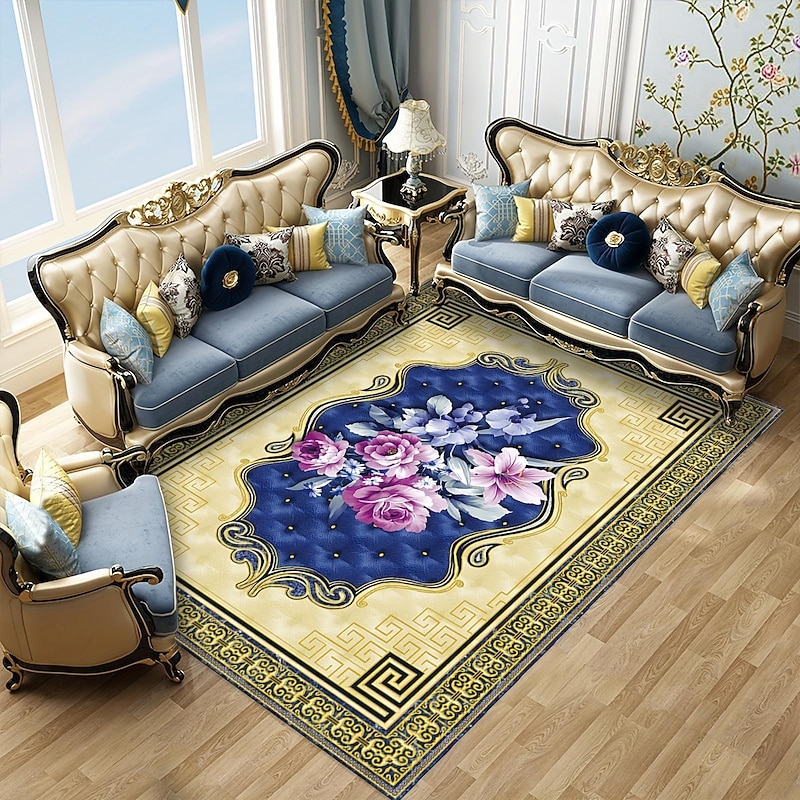 Large Floral Area Rugs Oriental Non-slip Crystal Velvet Plush Carpet Vintage Fluffy Rug Machine Washable Soft Thickened & Shaggy Carpet For Living Room & Bedroom Floor