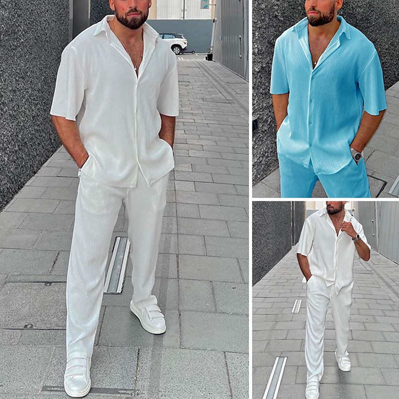 Men's Shirt 2 Piece Shirt Set Casual Shirt White Blue Short Sleeves Plain Lapel Street Vacation Basic Clothing Apparel Fashion Leisure