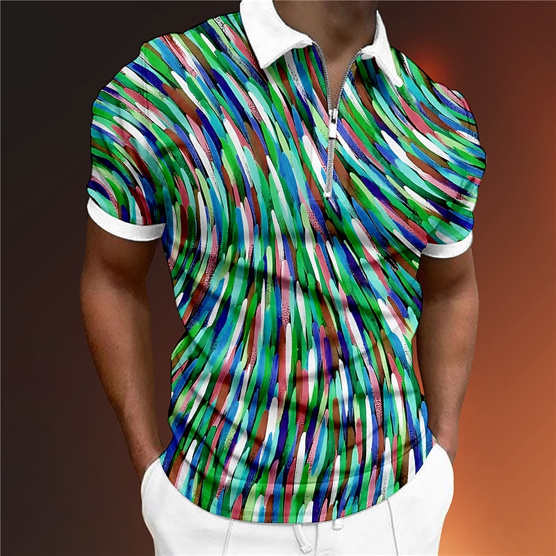 Men's Graphic Zip Polo Shirts Golf Shirt Short Sleeve Polo Shirts Collared Shirts Casual Vacation Wear Rave Wear Party Outfits 3D Print Quarter Zip Polo Light Green Red Blue3