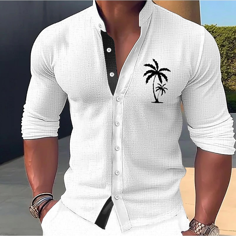 Men's Color Block Coconut Tree Leaves Shirt Summer Hawaiian Shirt Aloha Shirt Long Sleeve Shirt Stand Collar Fashion Streetwear Designer Outdoor Street Casual White Yellow Light Green S M L