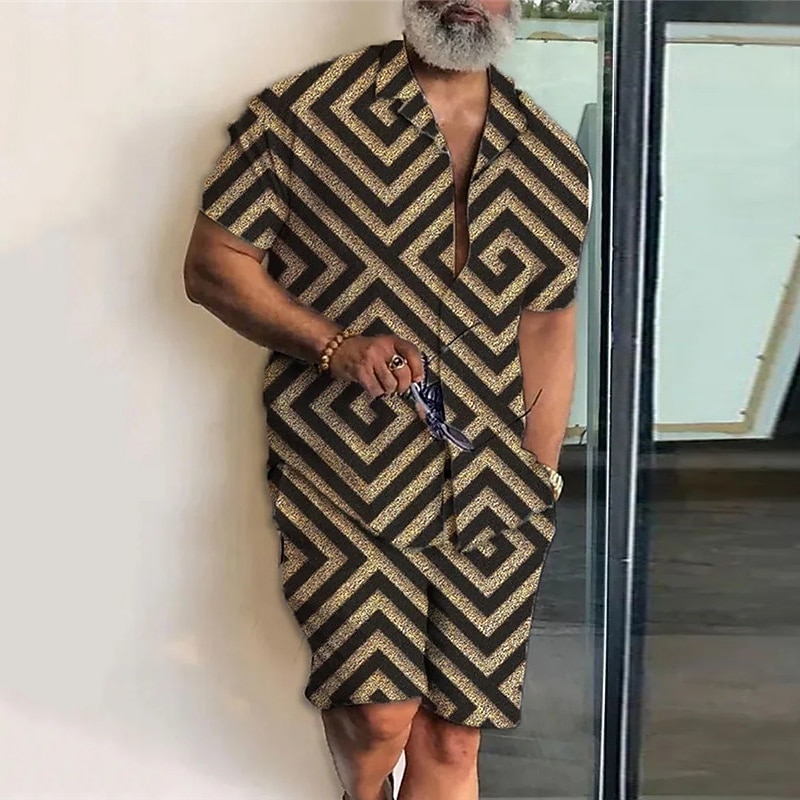 Men's Geometry Ethnic 2pcs Shirts Sets Summer Hawaiian Shirt Short Sleeve Short Pants Cuban Collar Fashion Streetwear Designer Outdoor Street Daily Print Summer Spring Black Yellow Blue2