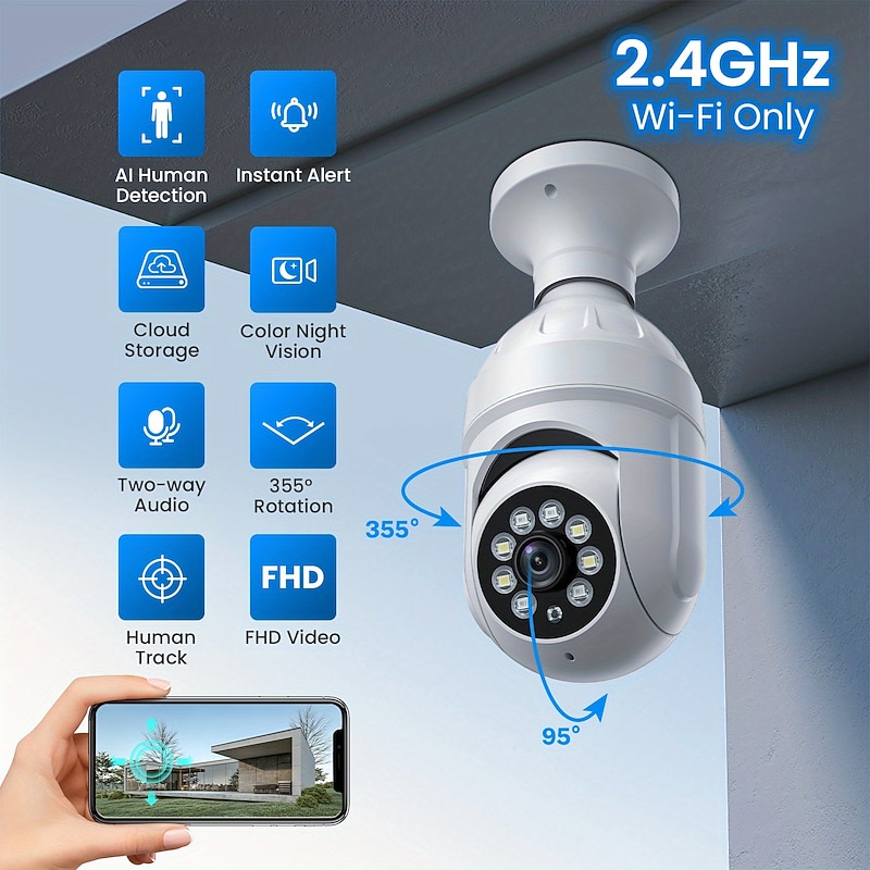 A6 Light Bulb Camera HD Full Color Night Vision Security Surveillance Camera 360 Degree Wireless Wifi Camera E27 Light Bulb Security Camera Human Detection and Human Track3