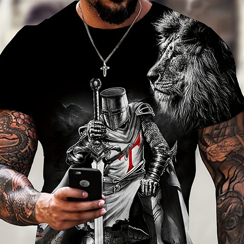 Men's Graphic Knights Templar T Shirt Christian T Shirts Short Sleeve T shirt 3D Print Crew Neck Shirt Vintage Fashion Designer Outdoor Daily Sports Black And White Black Spring & Summer Clothing