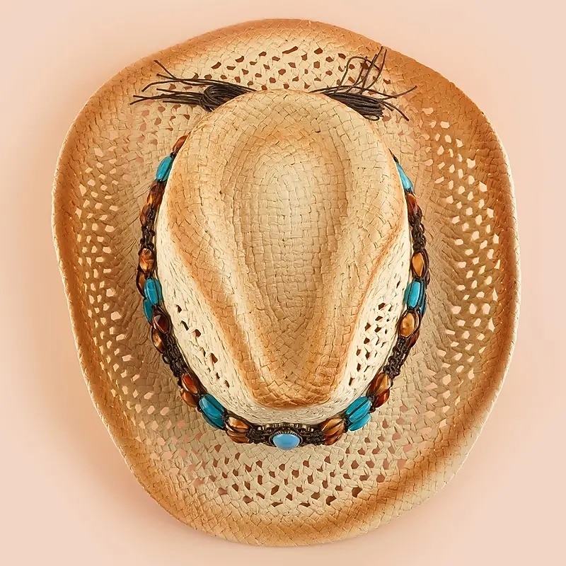 Stylish Western Cowboy Straw Hat with Hand Woven Faux Jade Chain Decor - Perfect for Summer Beach Outings!3