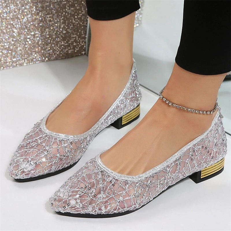 Women's Silver Sequin Mesh Ballet Flats – Elegant Pointed-Toe Flats with Rhinestone Details for Weddings and Formal Occasions2