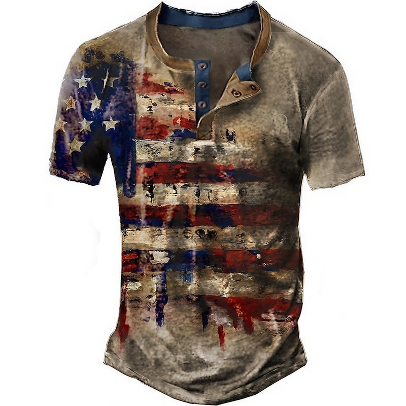 Independence Day American Flag T-Shirt Mens Graphic Henley National Clothing Apparel 3D Print Outdoor Daily Short Sleeve Button Down Fashion Designer Comfortable Vintage 4Th Of July Brown Cotton Butto