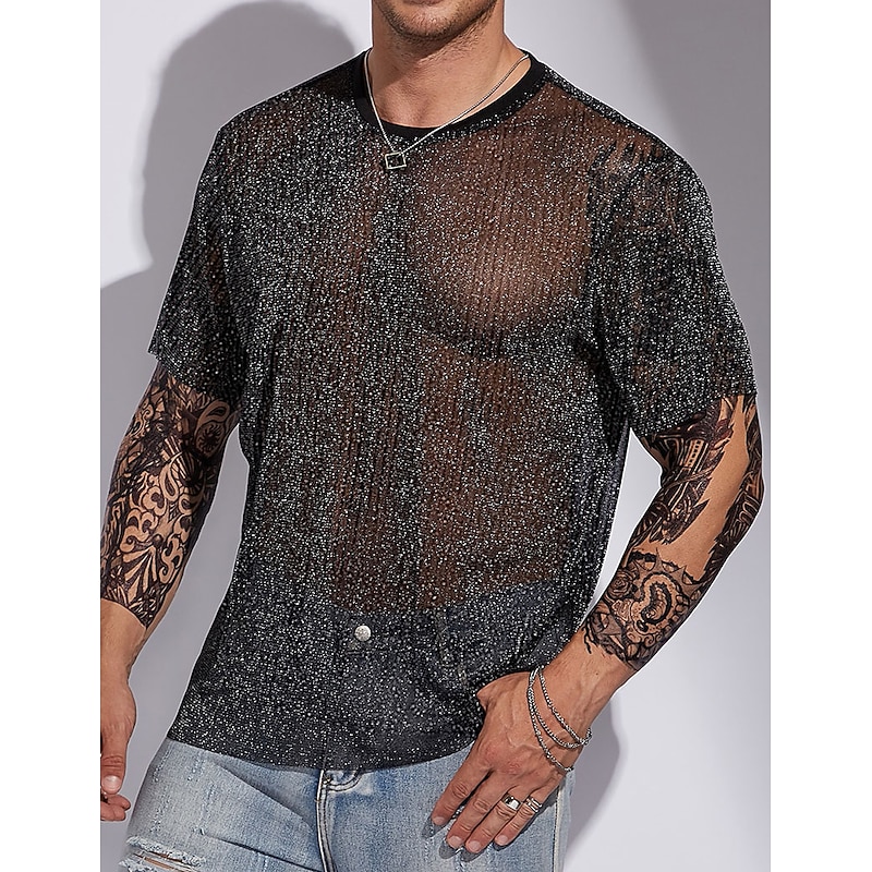 Men's T Shirt Men Solid Glitter Tee Tee Top Short Sleeve Crew Neck Summer Plain Designer Basic Modern Contemporary Basic Vacation Street Going out Black Top Tee for Men4