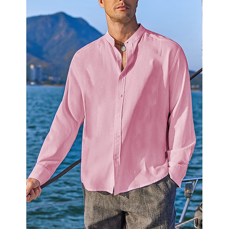 Men's Shirt Summer Shirt Beach Wear Casual Shirt Band Collar Shirt Button Up Shirt Plain Vacation Casual Black White Pink Green Long Sleeve Band Collar Spring & Summer Clothing Apparel2