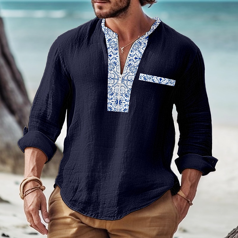 Men's Shirt Casual Shirt Summer Shirt Beach Shirt White Pink Navy Blue Blue Gray Long Sleeve Patchwork Half Zip Daily Vacation Front Pocket Clothing Apparel Fashion Casual Comfortable