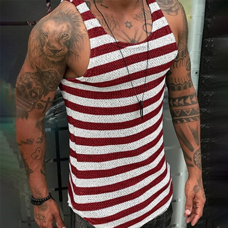 Men's Tank Top Vest Top Undershirt Sleeveless Shirt Sleeveless Crew Neck Summer Stripes Fashion Designer Muscle Outdoor Going out Gym Red Navy Blue Top Tee for Men4