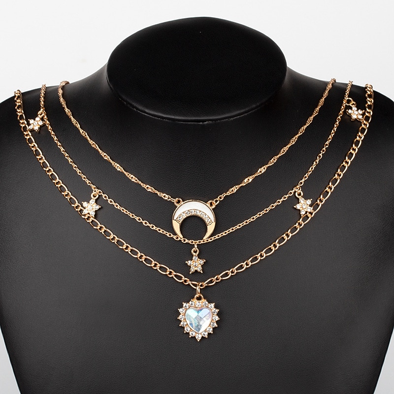 1PC Chain Necklace Layered Necklace For Women's Clear Wedding Party Evening Gift Alloy Moon Heart Star2