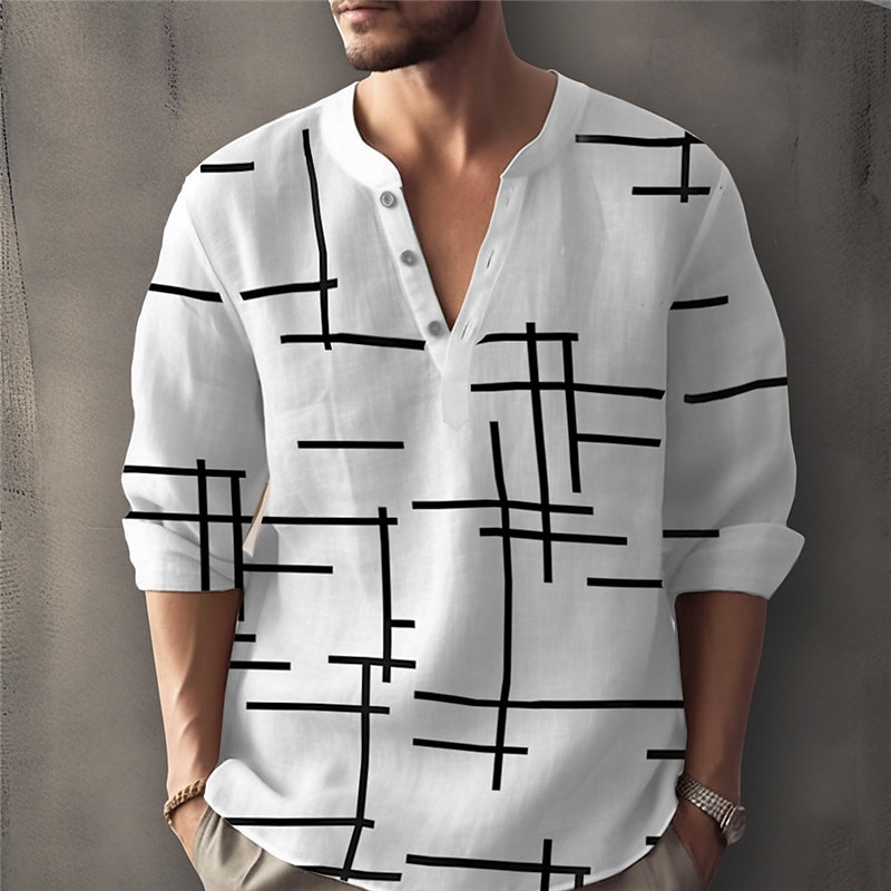 Men's Geometric Pattern Geometry Shirt Linen Shirt Button Up Shirt Long Sleeve Fashion Streetwear Designer Street Daily Summer Spring Fall Stand Collar Print White Pink Blue Purple Green