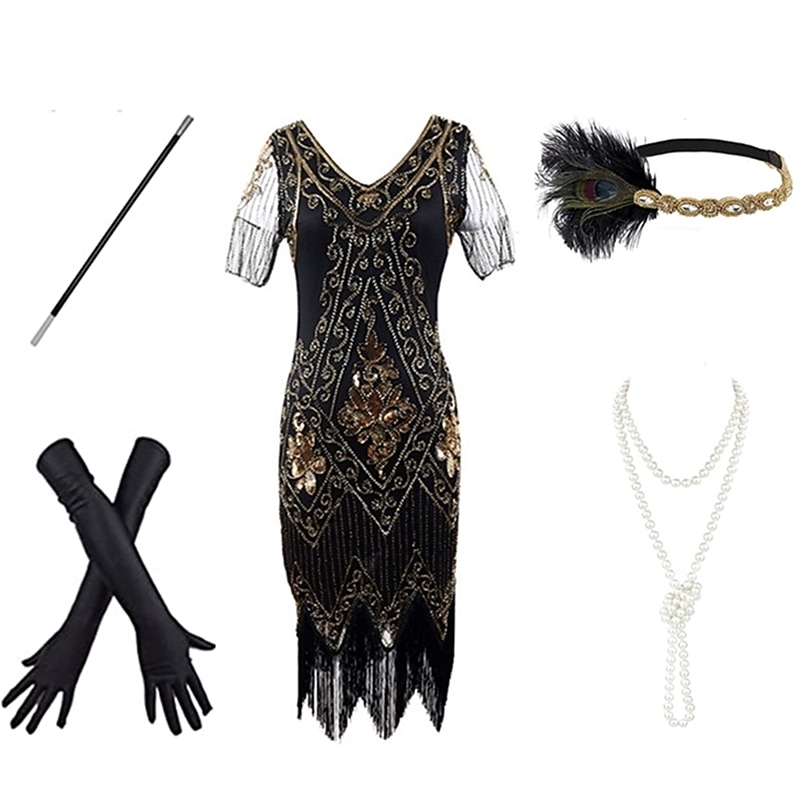 Roaring 20s Vintage Inspired The Great Gatsby Flapper Dress Dress Outfits The Great Gatsby Wedding Guest Sequins Tassel Fringe Sequin Tassel V Neck Fancy Dress Women's Halloween Carnival Masquerade4