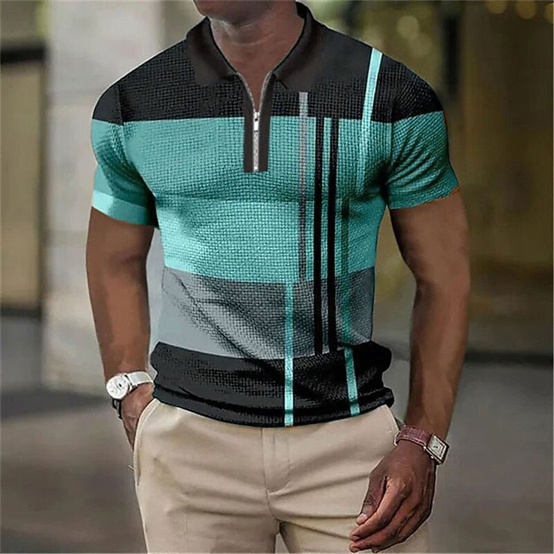 Men's Color Block Striped Graphic Prints Geometry Polo Shirts Zip Polo Golf Shirt Short Sleeve Shirt Turndown Outdoor Street Lake blue Yellow Blue Green Gray Zipper Print Clothing Apparel Fashion4