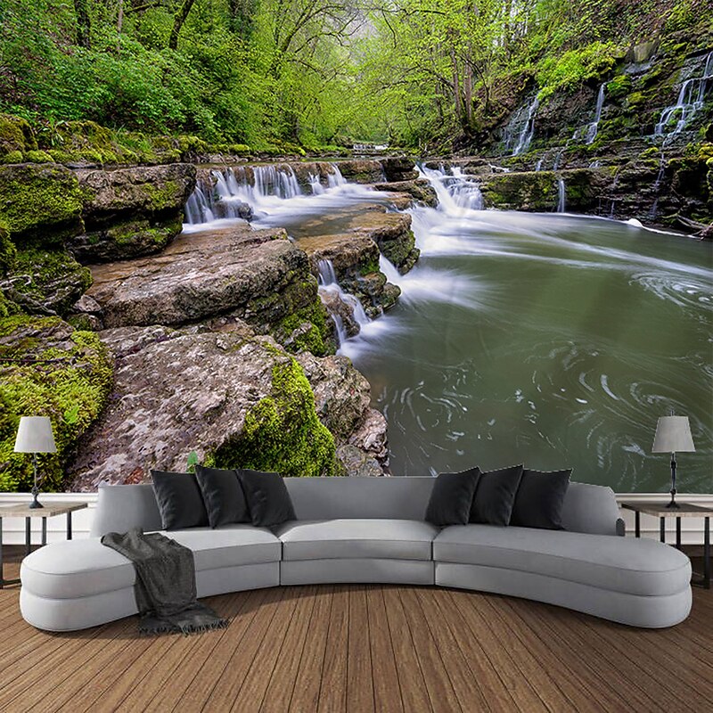 Forest Waterfall Landscape Hanging Tapestry Wall Art Large Tapestry Mural Decor Photograph Backdrop Blanket Curtain Home Bedroom Living Room Decoration3