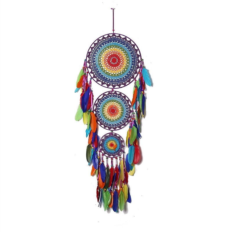 Three-ring Dream Catcher Handmade Gift Feather Hook with Three Circles Indian Style Ornament Wall Hanging Decor Art Boho Style 35x110cm/13.77''x43.3''3