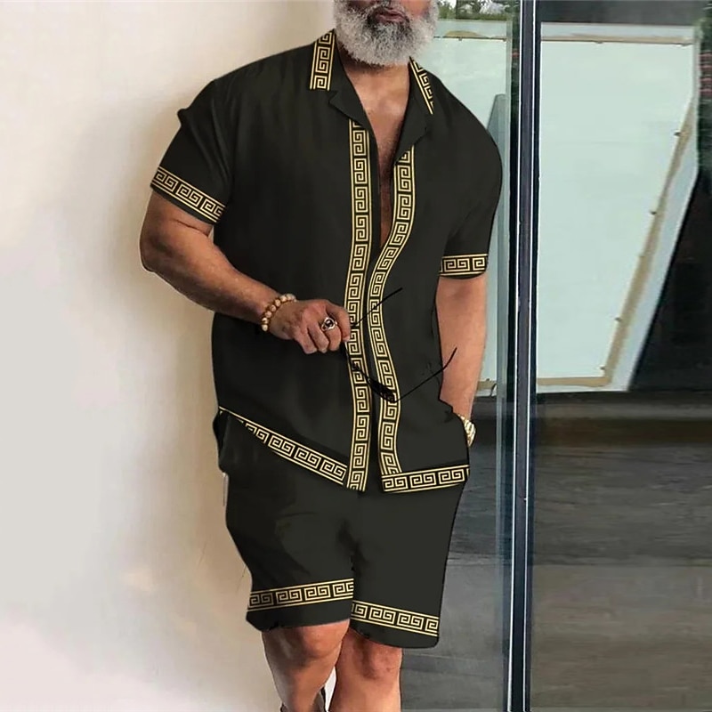 Men's Geometry Ethnic 2pcs Shirts Sets Summer Hawaiian Shirt Short Sleeve Short Pants Cuban Collar Fashion Streetwear Designer Outdoor Street Daily Print Summer Spring Black Yellow Blue