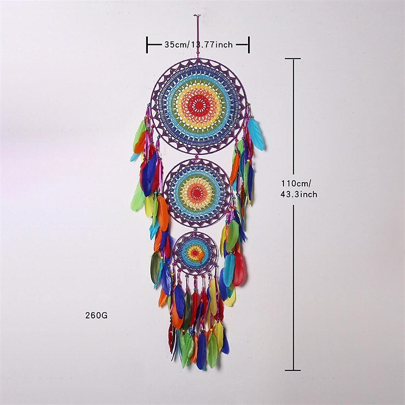 Three-ring Dream Catcher Handmade Gift Feather Hook with Three Circles Indian Style Ornament Wall Hanging Decor Art Boho Style 35x110cm/13.77''x43.3''2