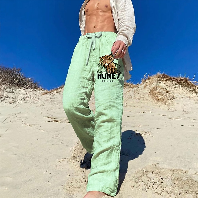Men's Trousers Summer Pants Beach Pants Drawstring Elastic Waist 3D Print Letter Graphic Prints Dollar Comfort Casual Daily Holiday Streetwear Hawaiian White Micro-elastic2