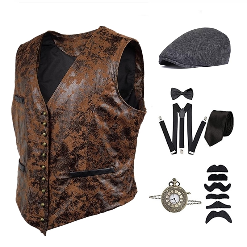 Vintage Roaring 20s 1920s Party Costume Vest Suspenders Sleeveless The Great Gatsby Gentleman Buckle Halloween Vintage Printing Button Down Collar Fancy Dress Men's Halloween Carnival Masquerade4