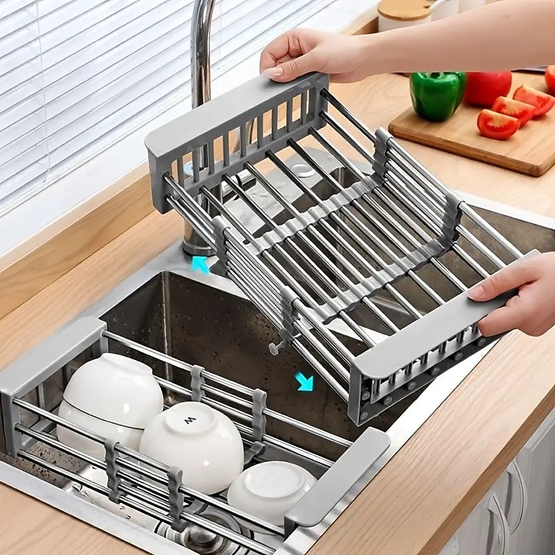 Stainless Steel Retractable Dish Drying Rack Expandable Kitchen Strainer Drain Draining Basket Over the Sink Adjustable Armrest, Washing Bowl Shelf for Vegetable and Fruit