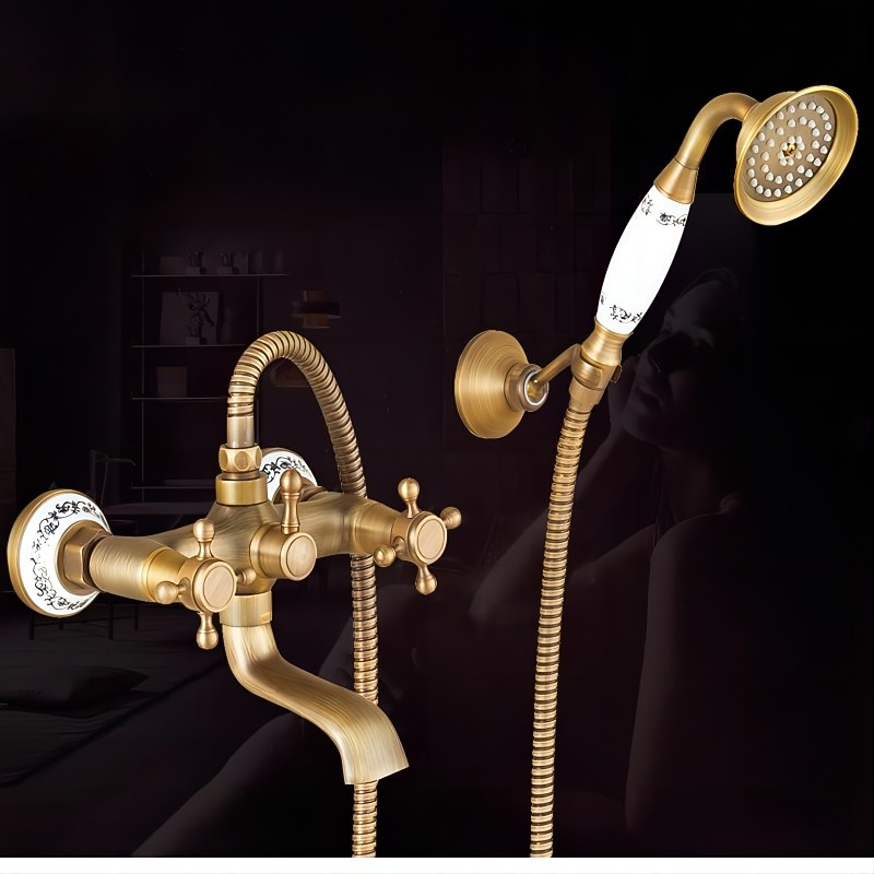Traditional Shower System Faucet Set with Bathtub Spout with Heldhand Handshower Spray, Vintage Brass Dual Spout Wall Mounted Ceramic Mixer Valve4