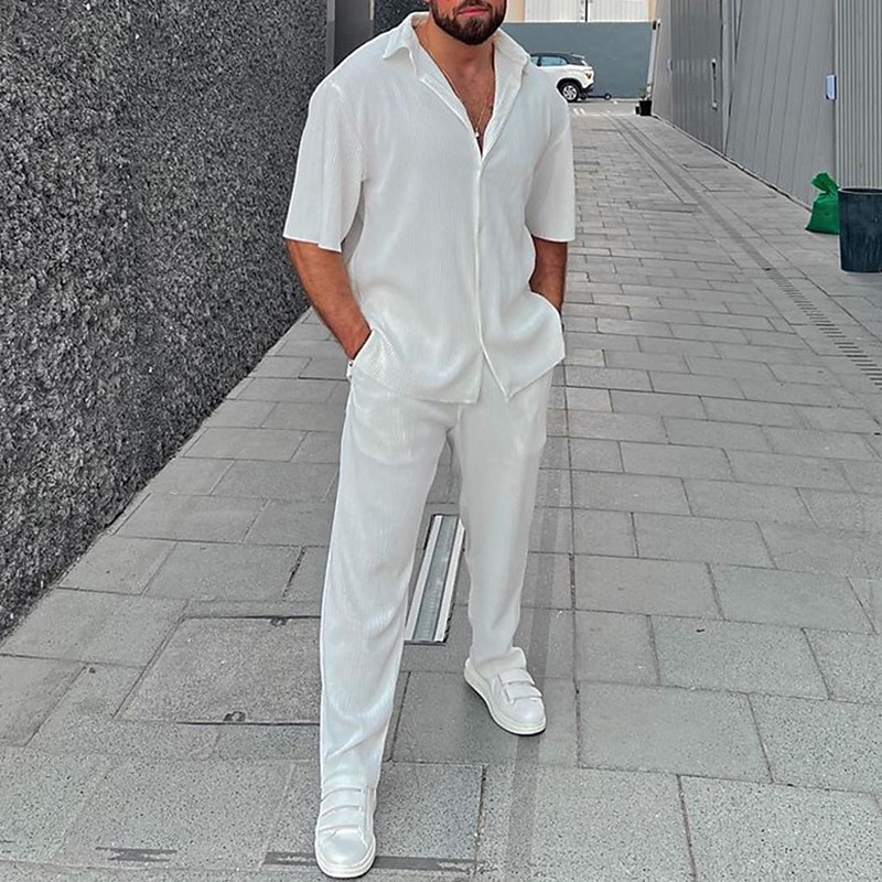 Men's Shirt 2 Piece Shirt Set Casual Shirt White Blue Short Sleeves Plain Lapel Street Vacation Basic Clothing Apparel Fashion Leisure2