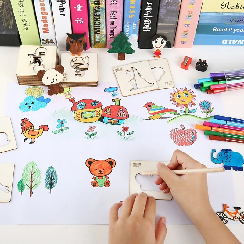 20pcs Montessori Kids Drawing Toys Wooden DIY Painting Stencils Template Craft Toys Puzzle Educational Toys for Children Gifts4