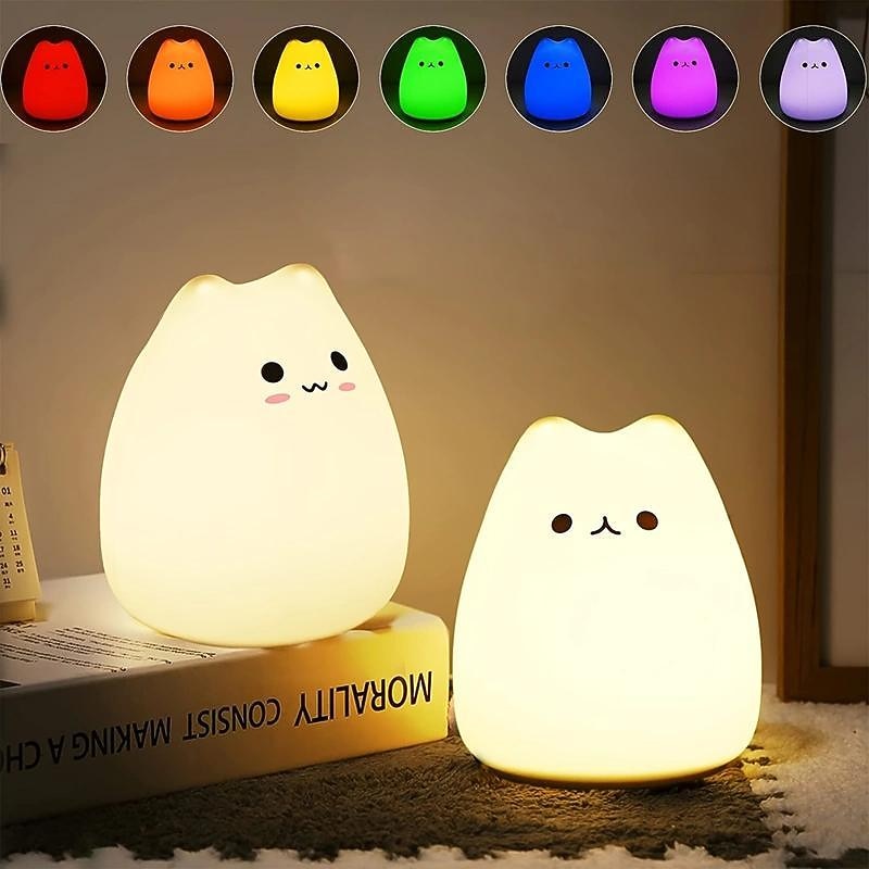 Adorable Cat LED Color-Changing Night Light Silicone Night Light Children's Bedroom Pat Pat Color Changing Cute Bedside Atmosphere Light