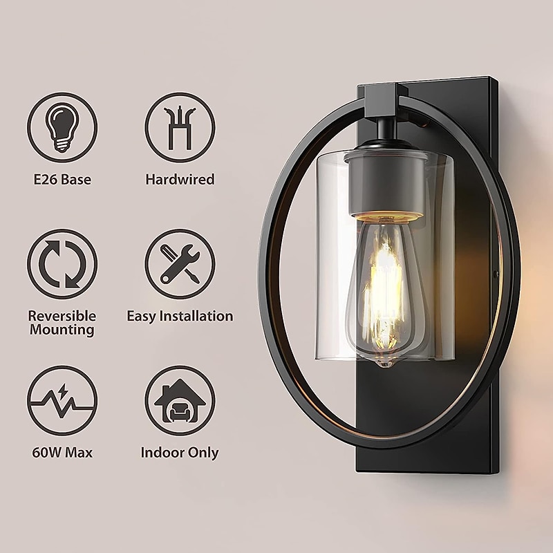 Vintage Glass Wall Lamp with Ring Design, Industrial Wall Light Fixtures Black Finish, Hardwired Indoor Wall Sconce Lighting for Living Room Bathroom Kitchen Hallway(Bulb not Included)2