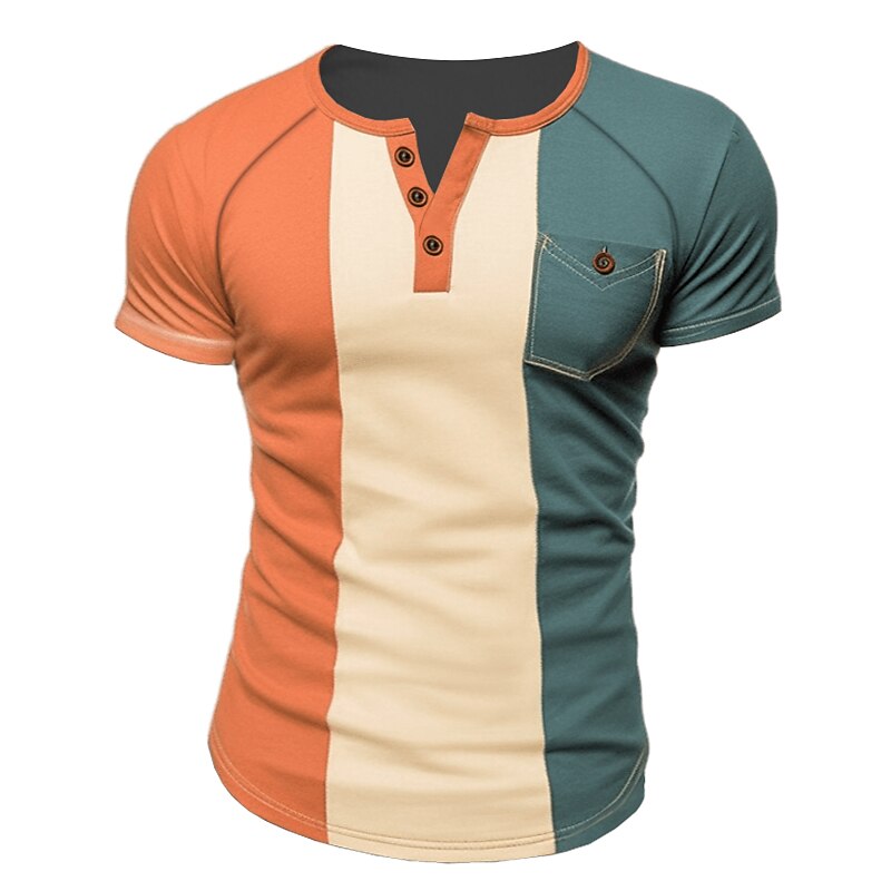 Men's Button T Shirt T Shirt Henley Shirt Tee Top Short Sleeves Henley Summer Color Block Fashion Designer Basic Vacation Street Going out Pink Blue Orange Top Tee for Men2